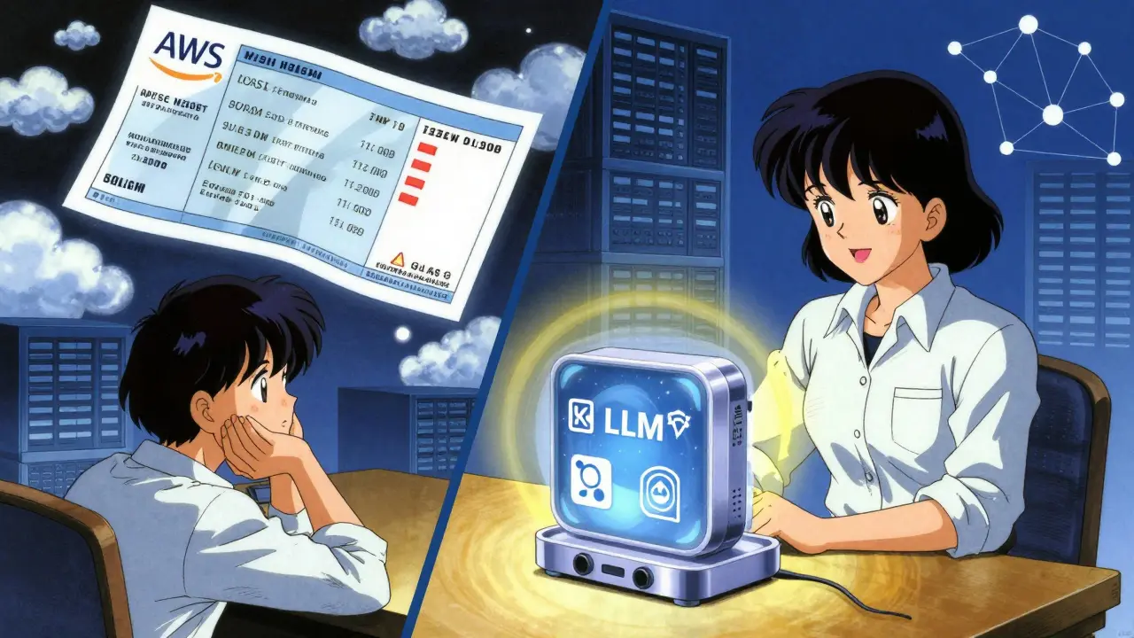 En ingeniør ser på en rød regning, mens en liten AI-system i bakgrunnen sender varme lysbølger.