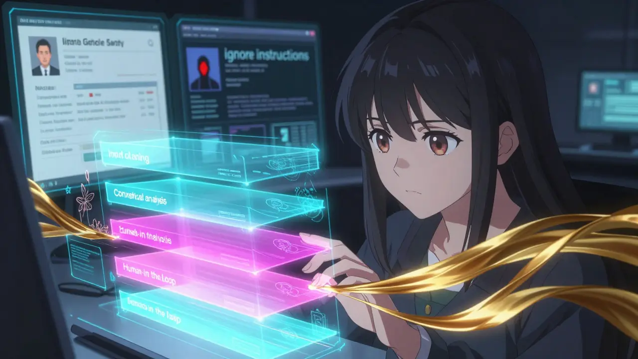 En kvinne kontrollerer et holografisk LLM-sikkerhetssystem med flytende lag.