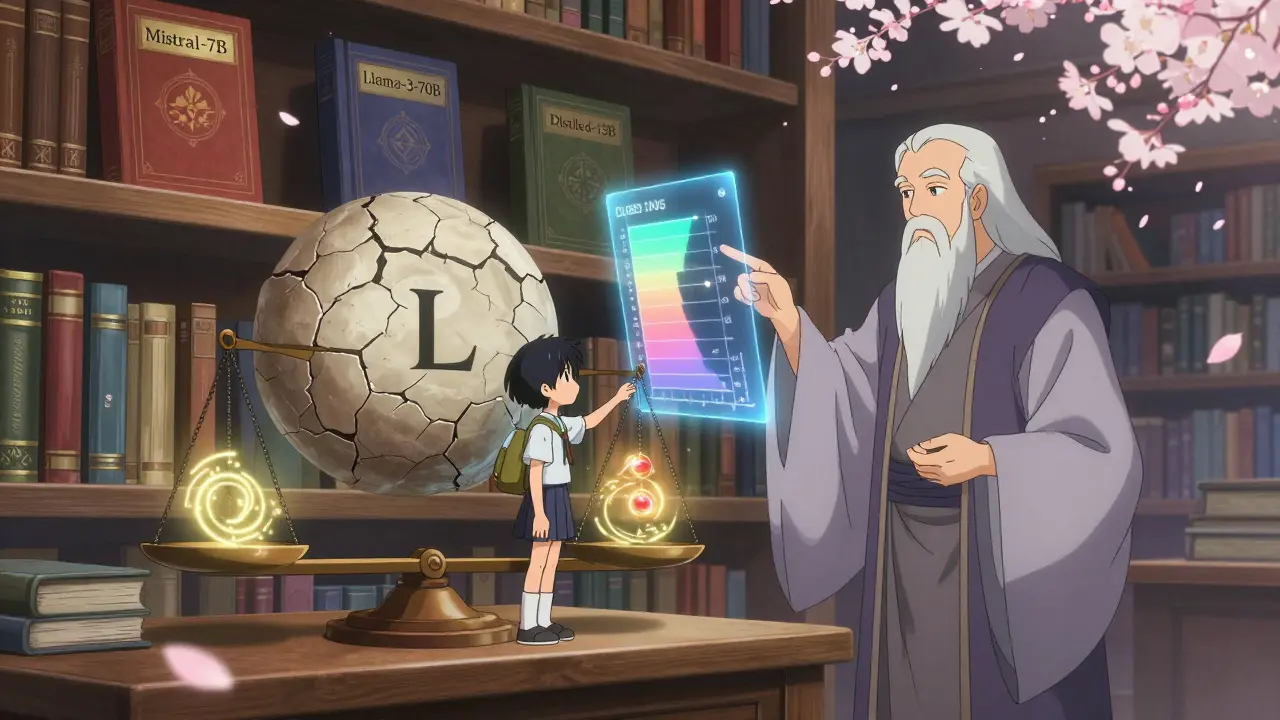 En magisk bokhylle med LLM-modeller som flyter, balansert mot en distillert modell på en skål.