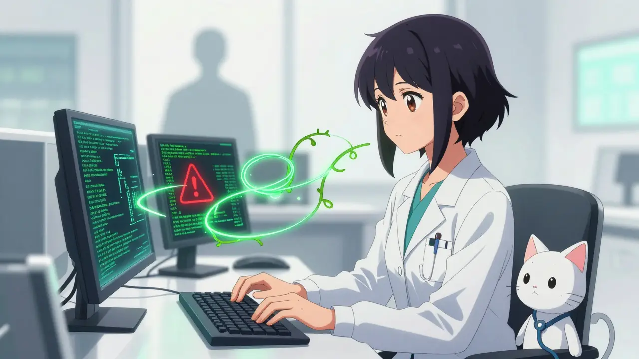 En medisinsk koder omgitt av glødende diagnostiske koder og en AI-venn.