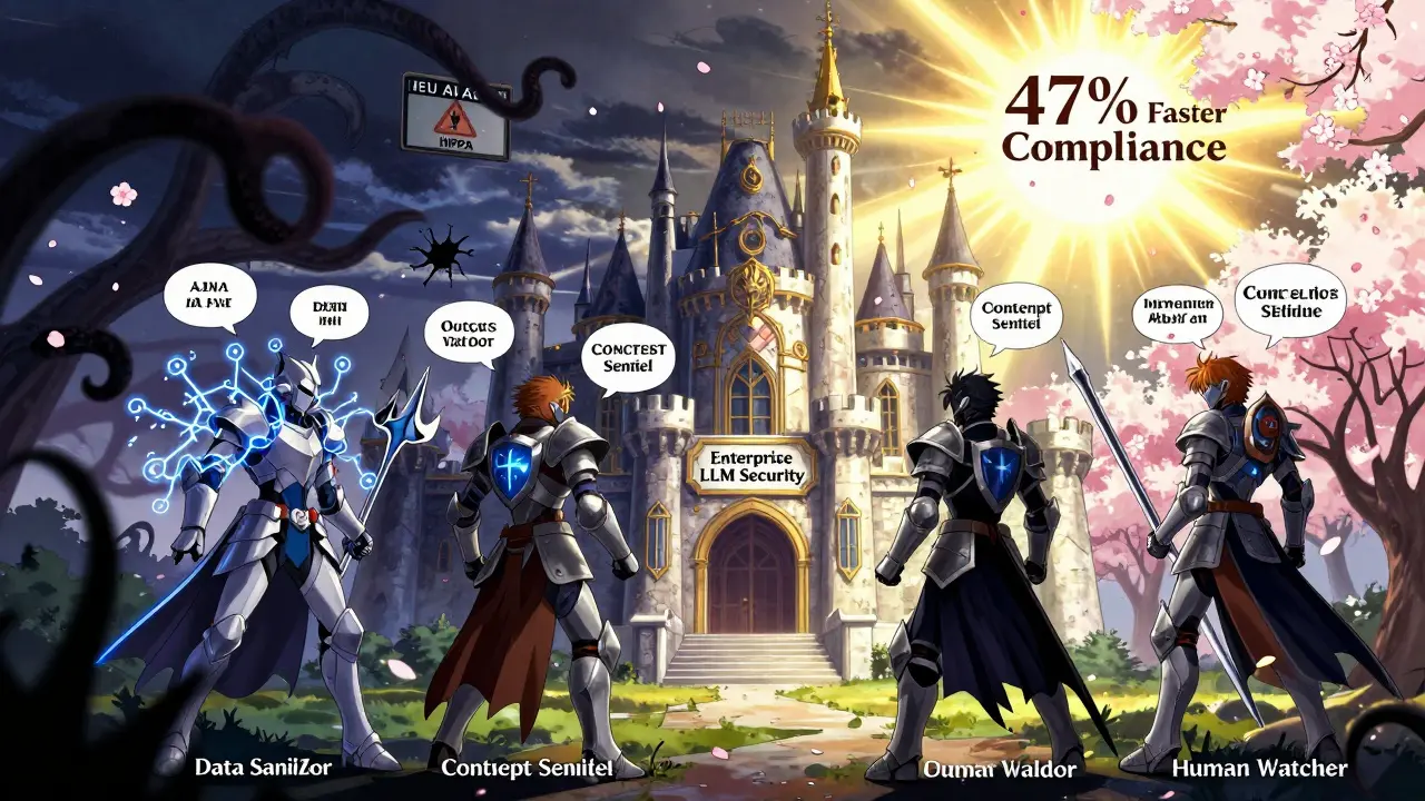 Fire voktere forsvarer en festning mot trusler med symboler for LLM-sikkerhet.