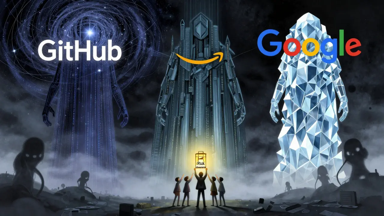 Tre teknologigiganter som guddommelige vesener, mens et lite team holder opp et lys for risikovurdering.