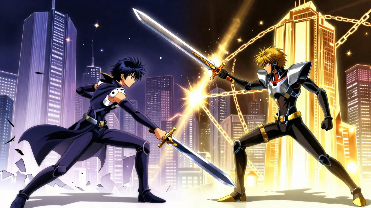 En dramatisk kamp mellom to arkitekturer i en digital verden — Post-LN kollapser mens B2T stråler med gullglimt og residualforbindelser.