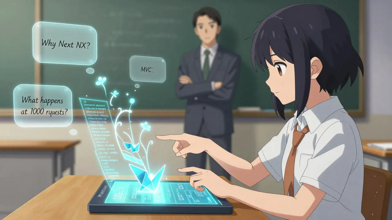 En elev endrer kode ved å trykke på et holografisk grensesnitt, mens strukturer endrer seg i sanntid.