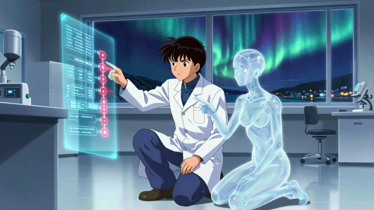 En forsker ser på en holografisk promptkjede med en rød feil, mens en AI-figur viser feilen under nordlys.