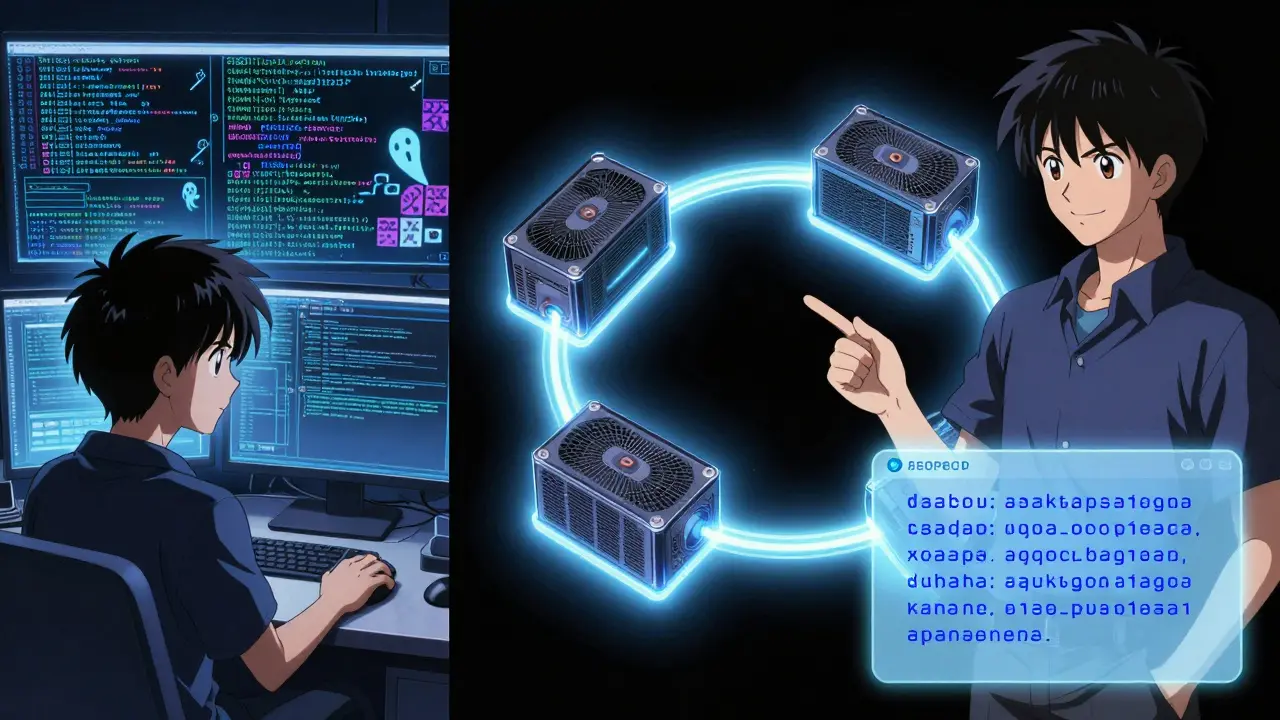 En programmerer ser på en skjerm med kaotiske ord på den ene siden, og en ring av GPU-er med fokuserede tekstbiter på den andre.