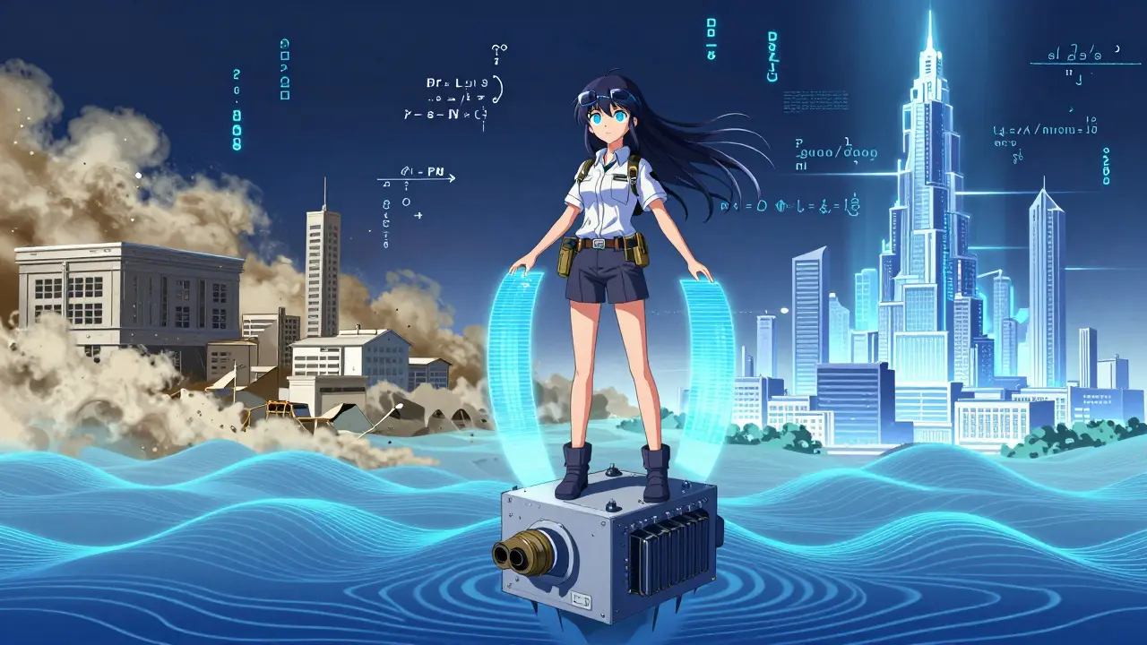 En ung ingeniør som styrer layer normalization-felt som slår ned turbulente datastrømmer i en anime-stil teknisk verden.