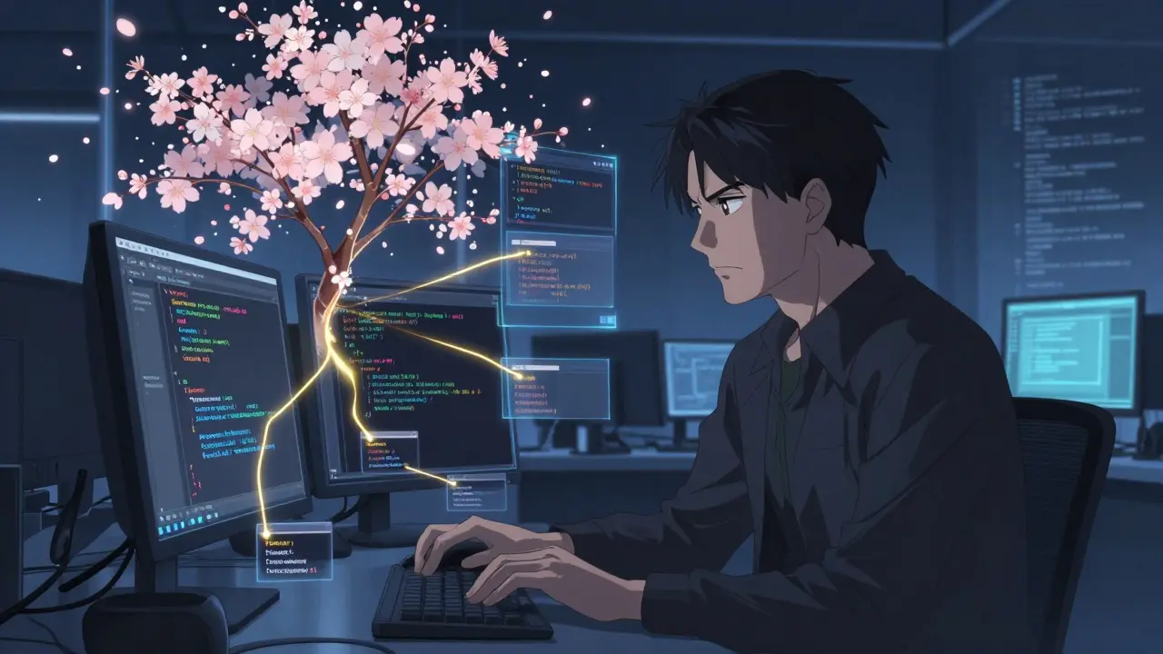 En utvikler gjennomgår kode i Cursor med AI-annotasjoner som glimter som blomster.