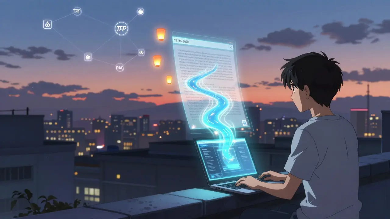 En utvikler sitter på taket med en laptop som projiserer en elv av dokumentdata, med lykter som representerer søk i bakgrunnen.