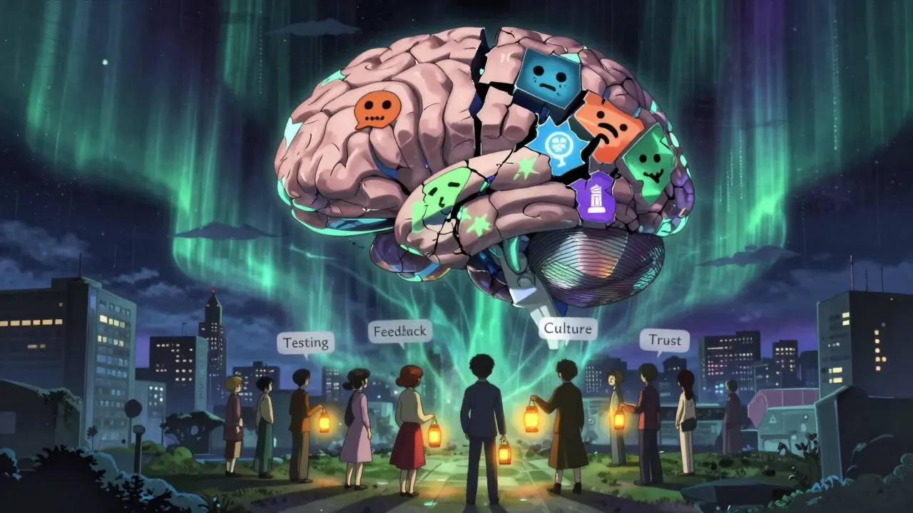 Fractured AI brain above a city, team holding lanterns of trust guiding correction through data streams.