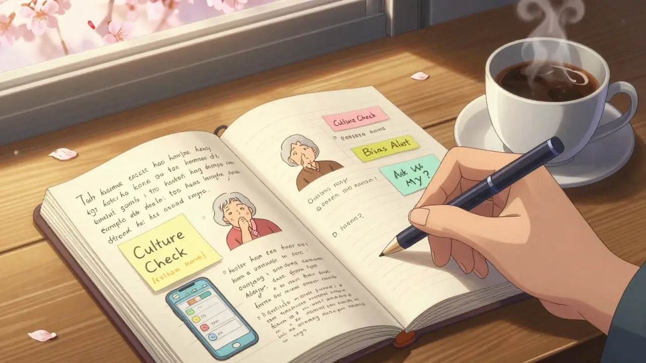 Handwritten evaluation journal with Norwegian notes, user scenarios, and a cherry blossom drifting beside coffee.