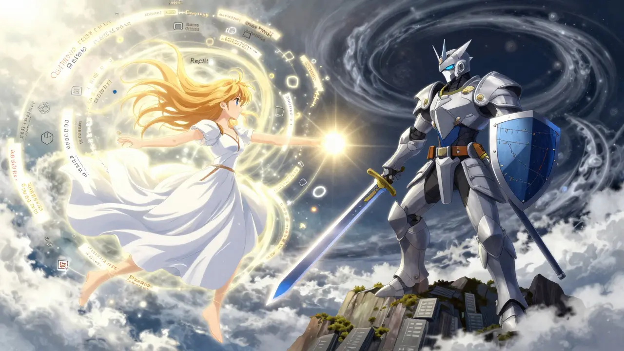 Replit og Cursor symbolisert som to motstridende vesener i en episk kamp.