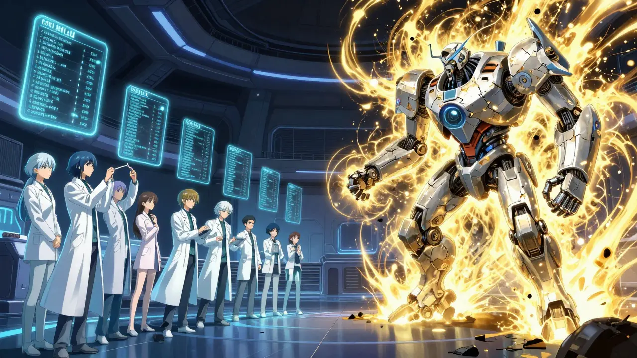 To lag i en fremtidig treningshall: ett med balansert trening og ett med overtrening, representert gjennom lys og energi.