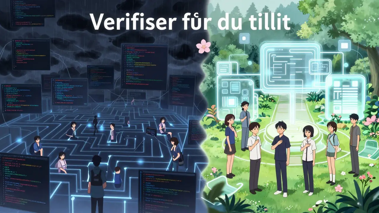 To verdener: kaotisk kode mot harmonisk arkitektur, skilt av en blomst med teksten 'Verifiser før du tillit'.