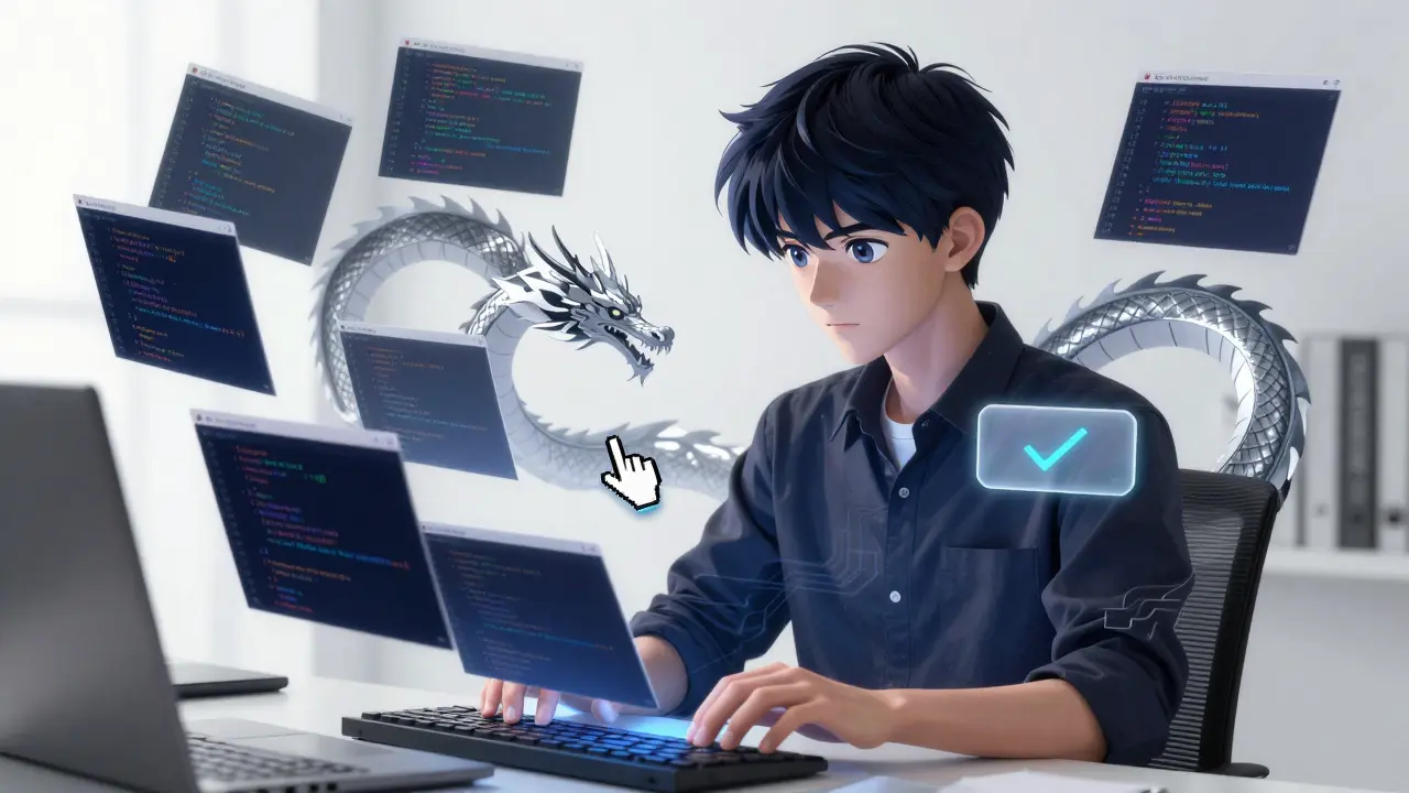 En erfaren utvikler styrer Cursor sin AI med flyvende kodefiler og en skjult godkjenningstast.