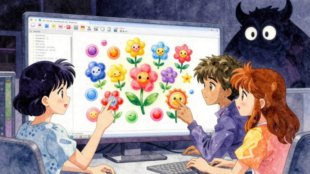 Et team designer en frontend med levende elementer, mens en mørk backend monster skjuler seg bak.