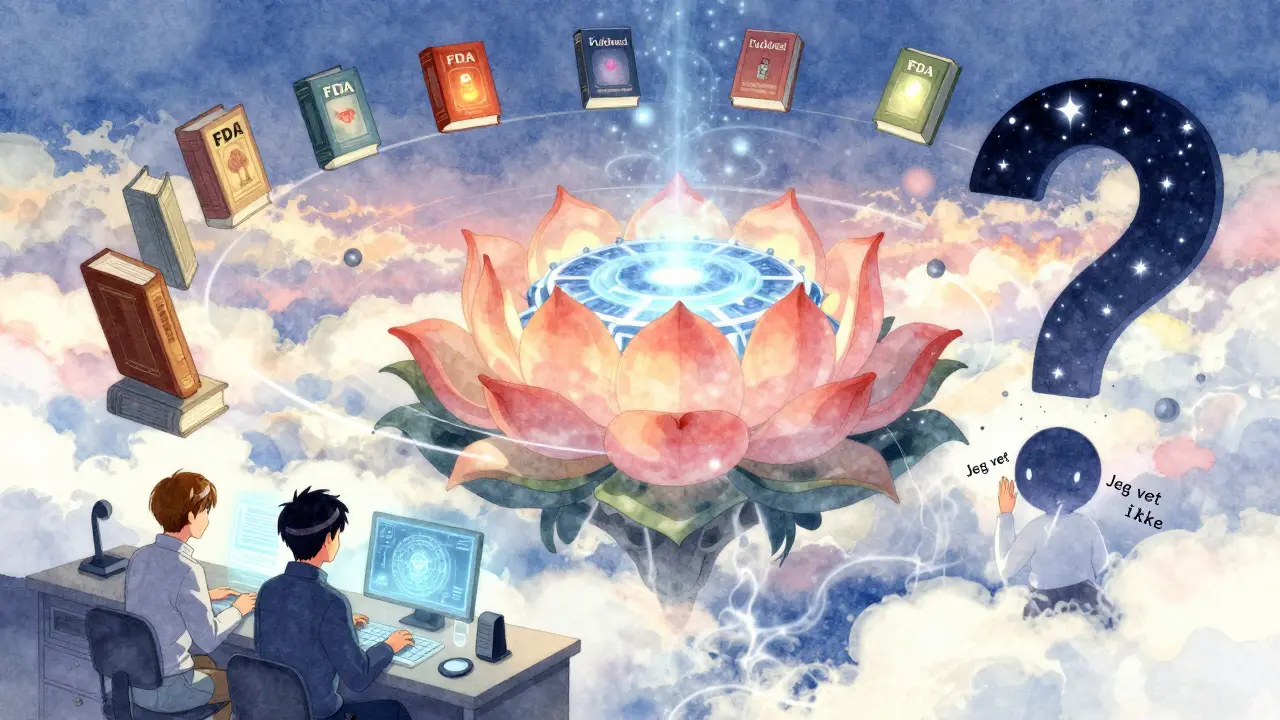 En flytende bibliotek med vitenskapelige kilder som kretser rundt en AI-lotus, i en drømmeteaktig anime-stil.