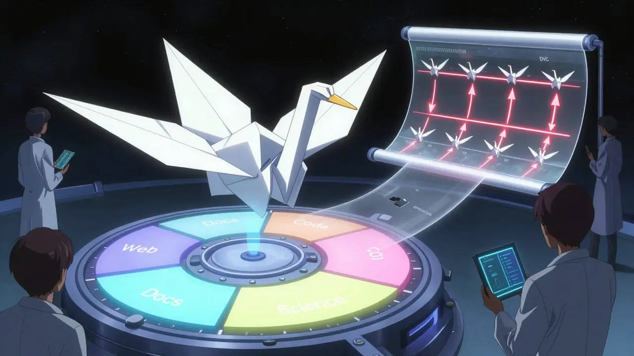 En papirkre i rommet spiser data fra en roterende blanding, mens en tidslinje viser tidligere versjoner av pipeline'en.