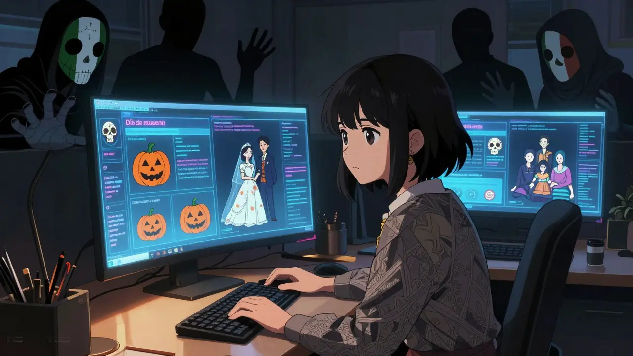 En programvareutvikler ser på forvrengte AI-svar fra ulike kulturer, mens skjulte figurer strekker seg ut.