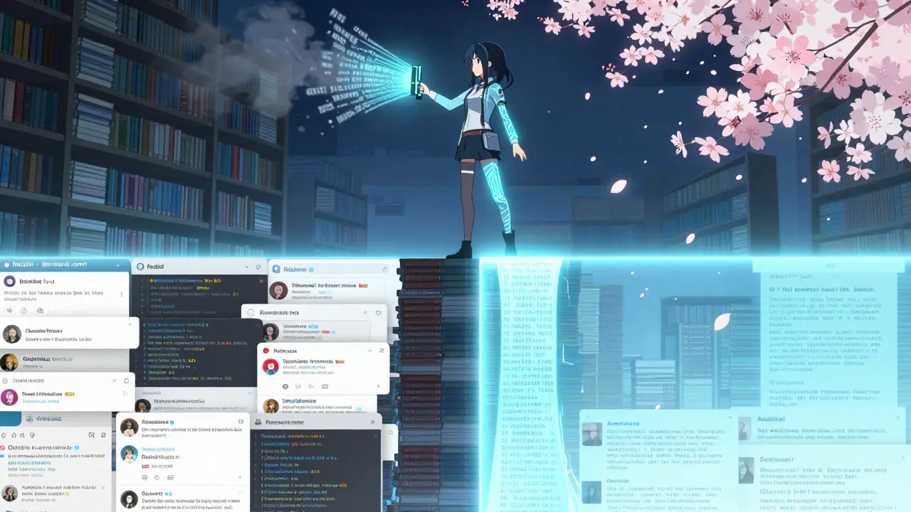 En ung kvinne med kretslignende tatoveringer scanner duplikater som forsvinner i aske, mens renset data strømmer forbi.