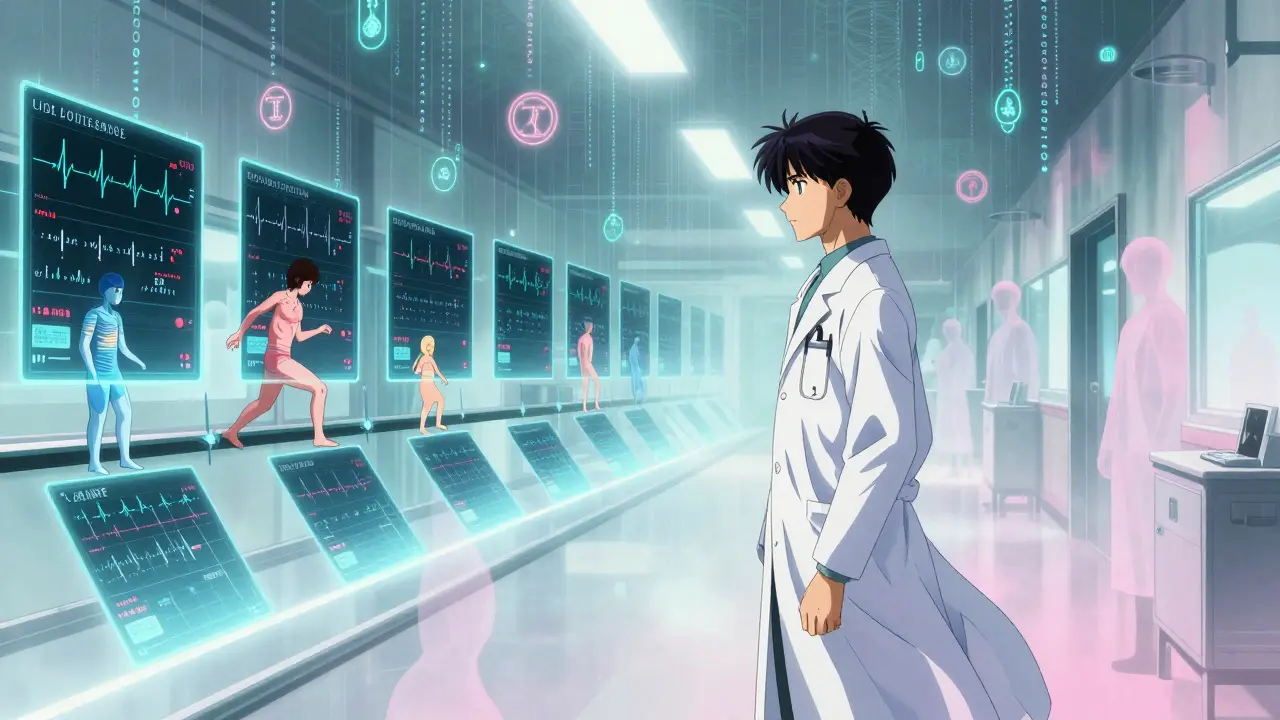 Lege som ser på en holografisk tidslinje med kontinuerlige pasientdata som flytende ligninger og symboler.