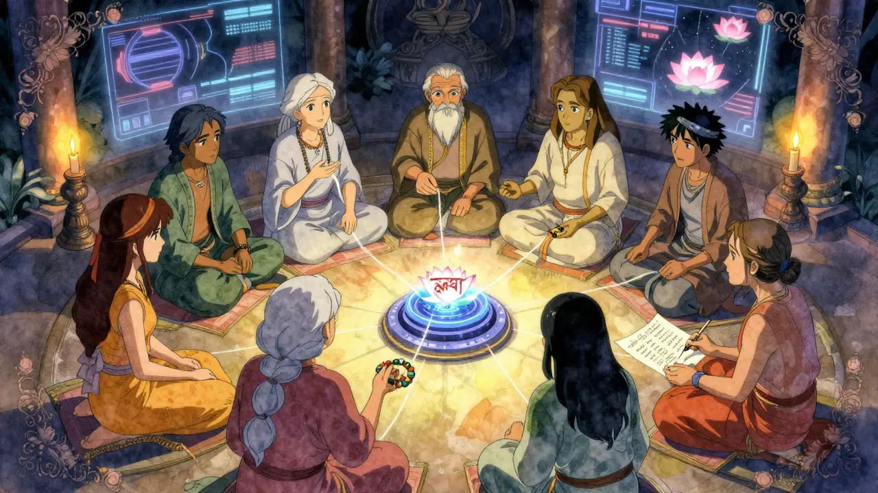 Mennesker fra hele verden kobler seg til en AI med tråder av kultur og historie, i en sollysbelyst rom.