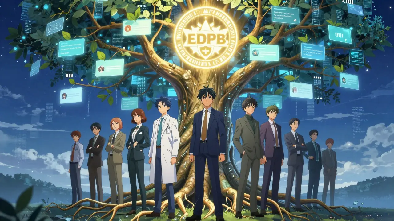 Profesjonelle står under et digitalt tre som representerer privatlivsvennlige forespørsler.