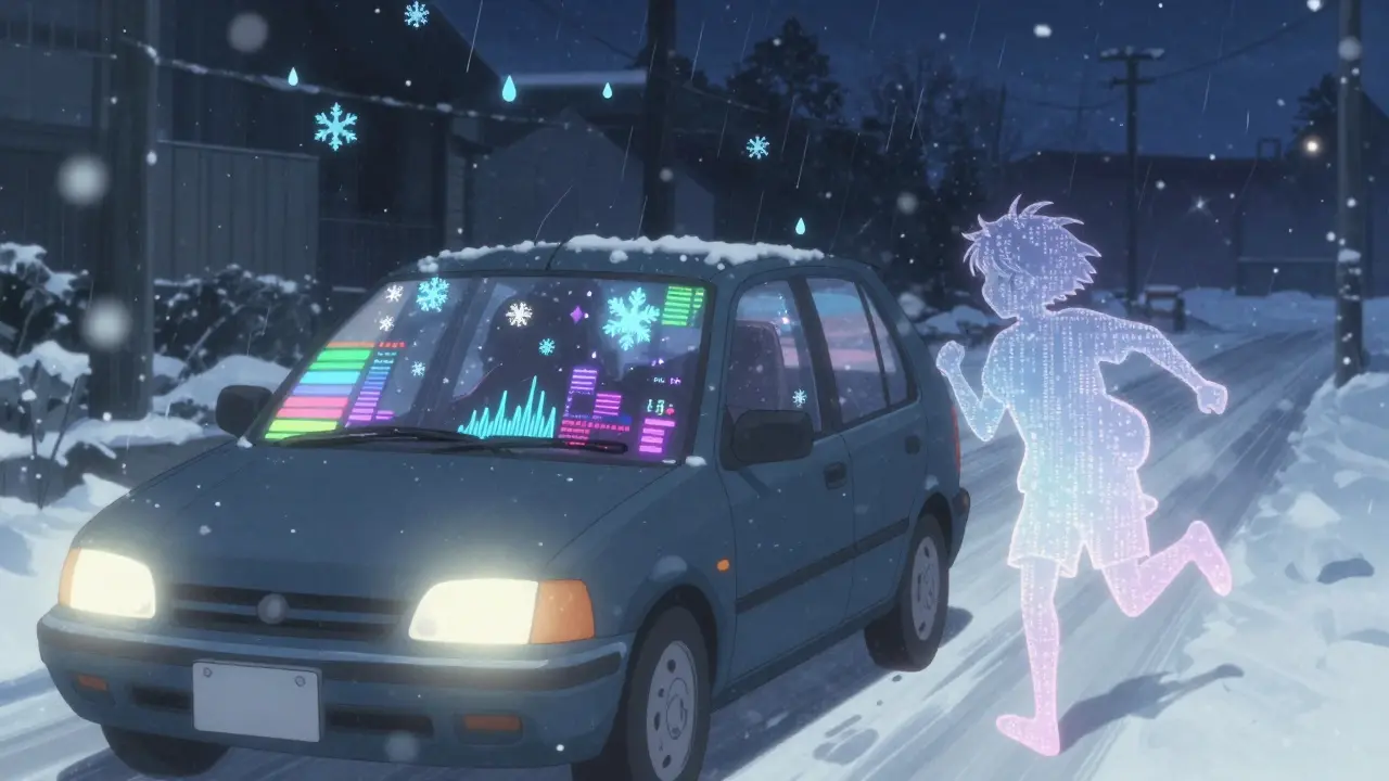 Selvkjørende bil i snøstorm med synetiske værdata som lysende symboler og en gjennomsiktig child-figure.