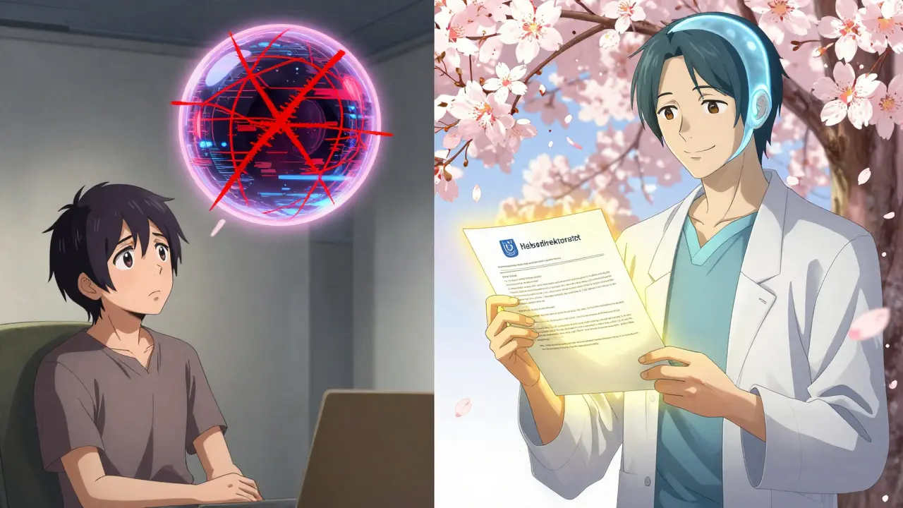 To scener: en feilaktig AI med røde feillinjer og en korrekt AI med bekreftede medisinske dokumenter.