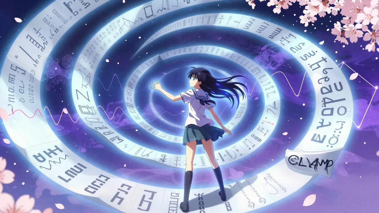 A girl adjusts a spiraling text scroll with sine-cosine positional codes radiating in blue and violet light.