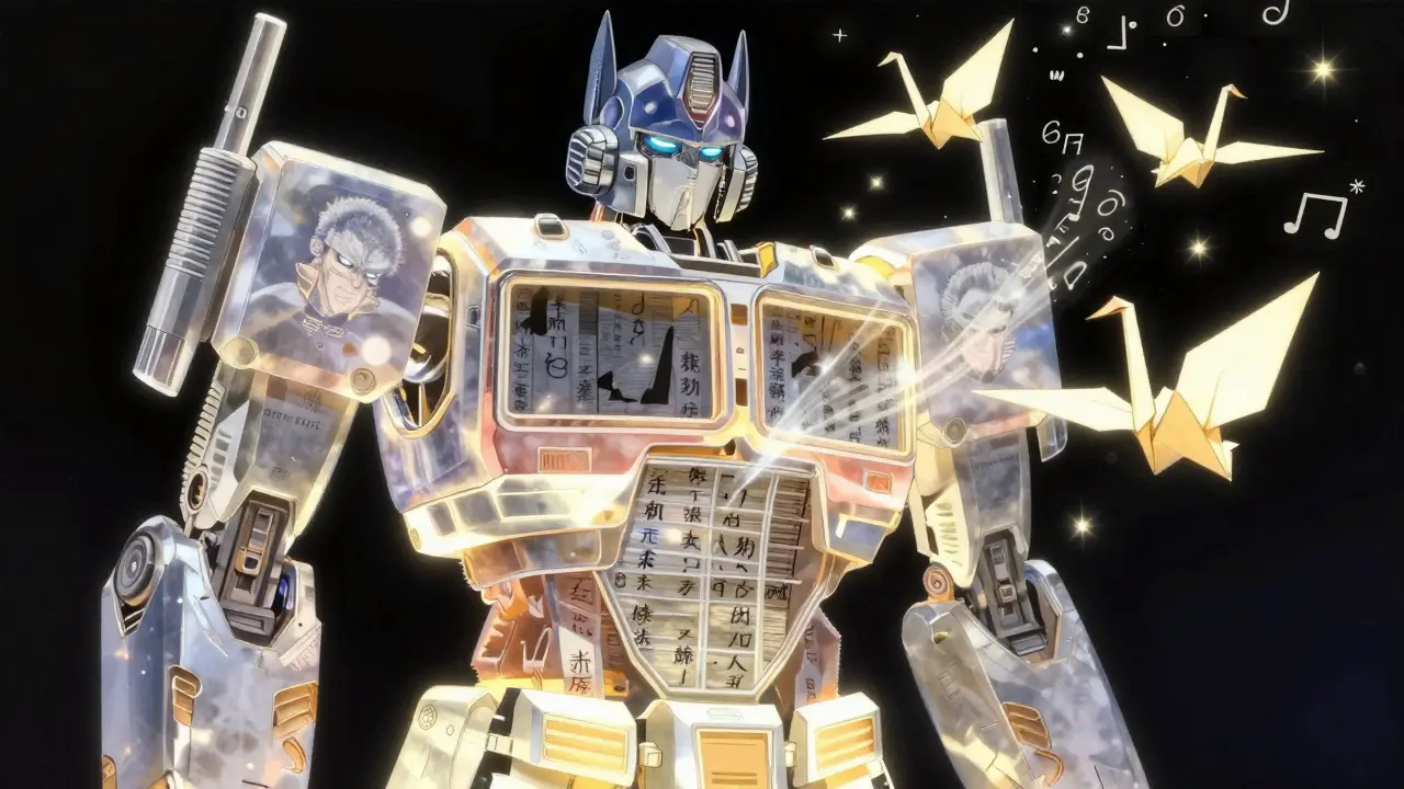 A lantern-like decoder with origami cranes masks future words while weaving past ones into flowing poetry.