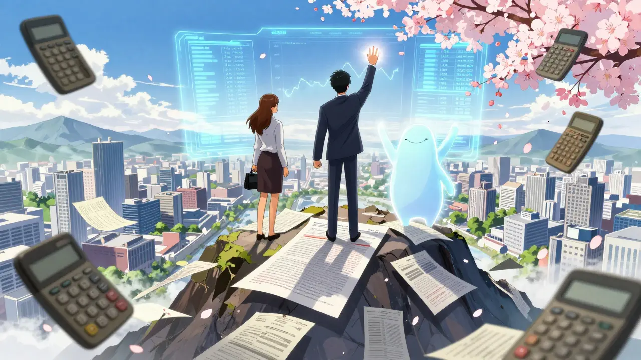 En AI-ånd og finansfolk står på en fjelltopp mens gamle regnskapsmetoder forsvinner i dypt.