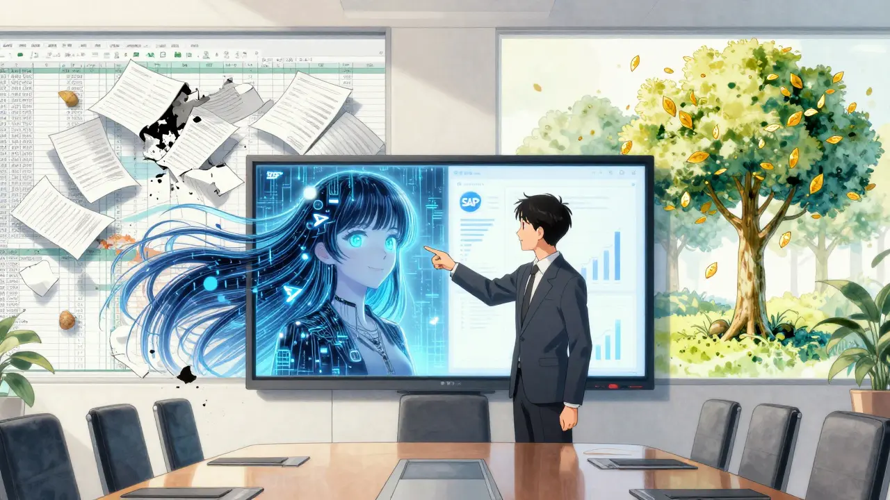 En CFO blir forklart et avvik av en AI-figur med datastrømmer som hår i et moderne møterom.