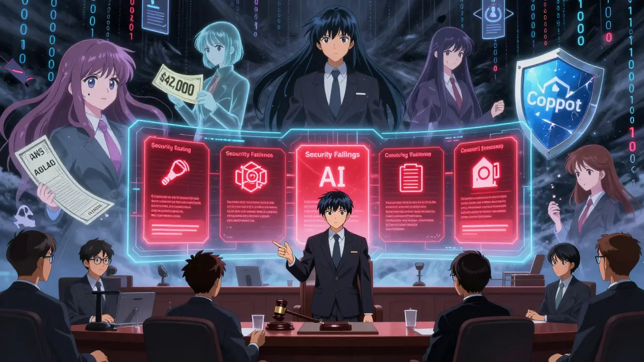 En digital domstol dømmer et selskap for sikkerhetsbrudd med AI-generert kode, i CLAMP-stil.