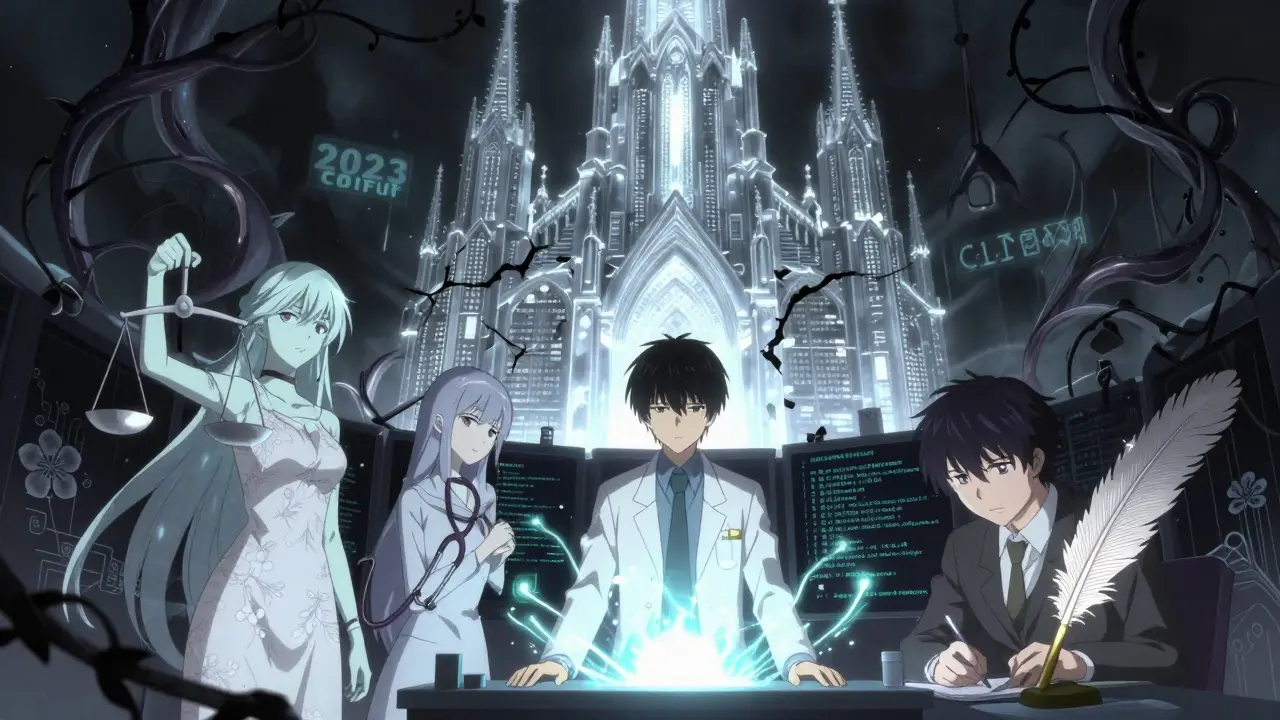 En forsker med tre spektrale vesen, bak en katedral av ord og lys, med et mørkt skille merket '2023'.