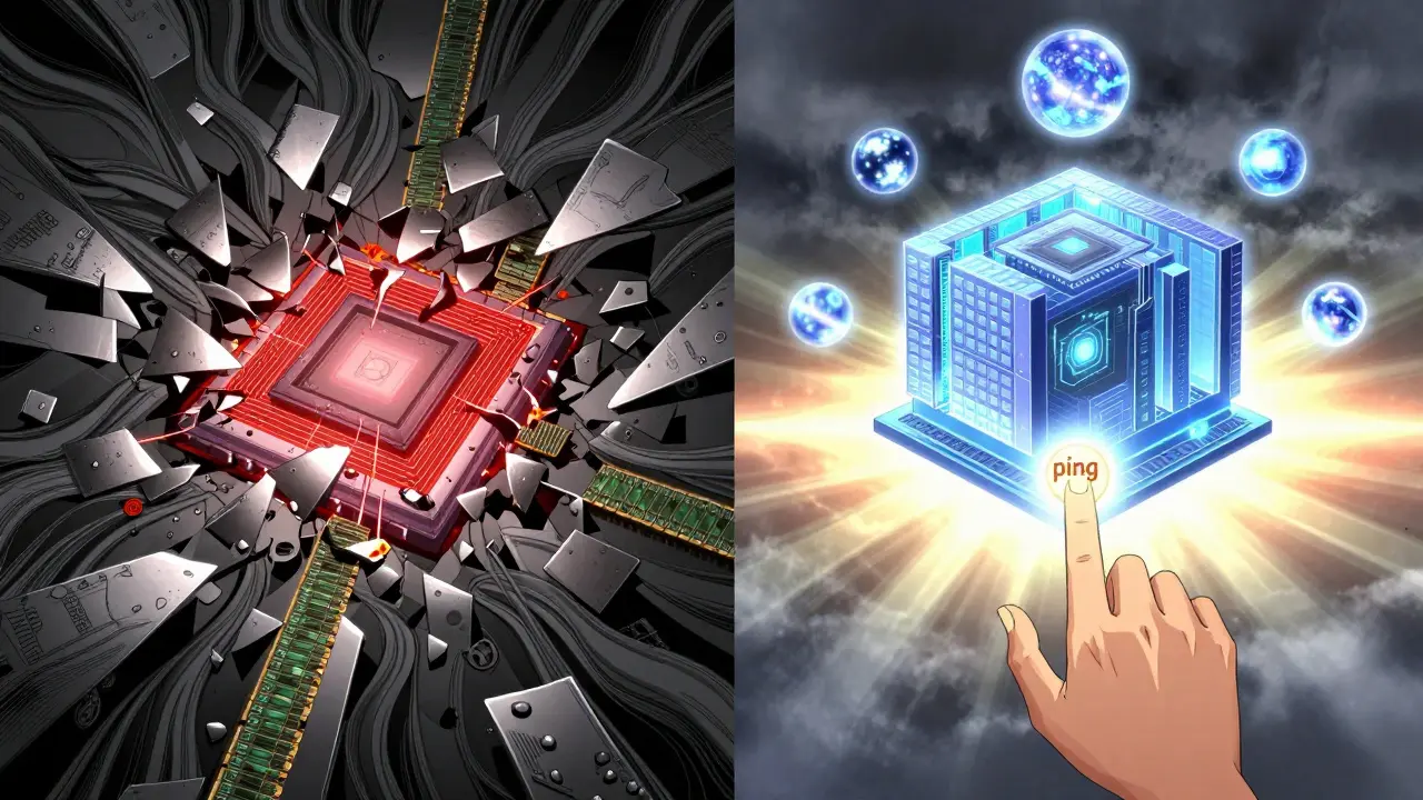 En splittet scene: kaos mot harmoni, der en knapp aktiverer forhåndsvarming av en AI.