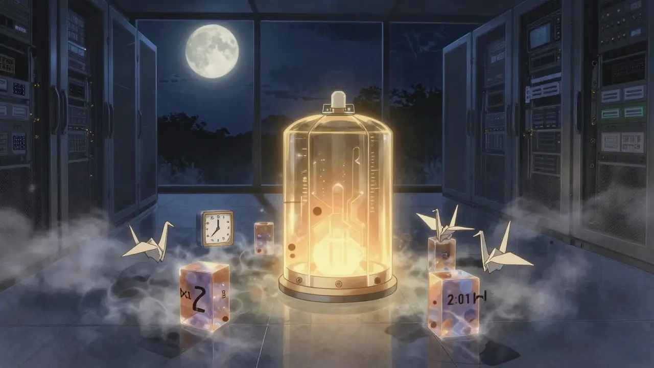 En stille serverrom med varme gullglimt fra en forhåndsvarmet AI-kontainer om natten.