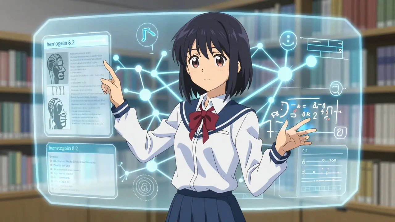 En ung elev som rører ved en holografisk nevral netts struktur med medisinske og logiske symboler.