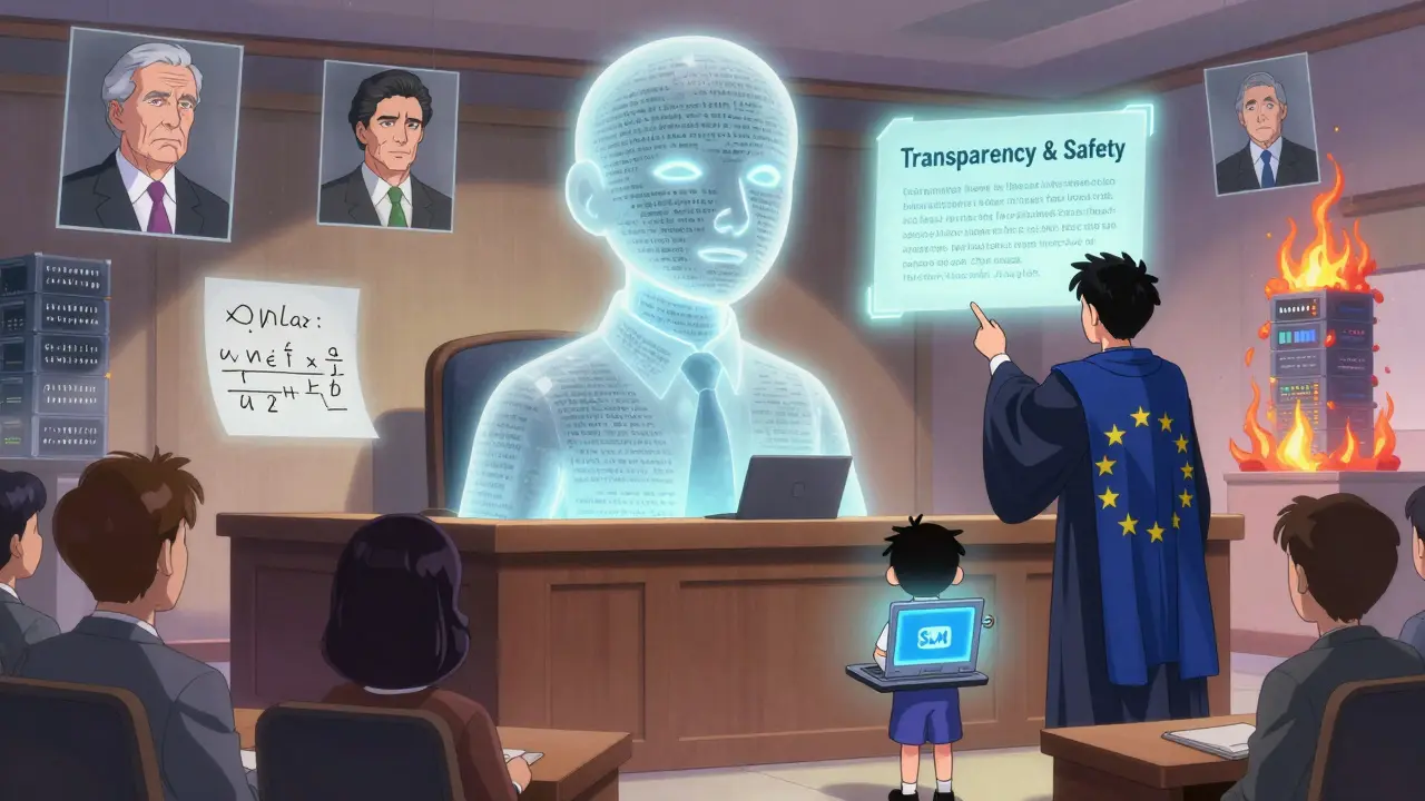 LLM står på rettssal med hallucinasjoner, mens EU-lovgivning og små modeller symboliserer fremtiden.