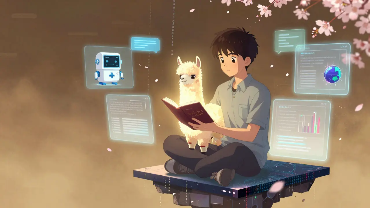 Norsk utvikler holder Llama 3-modellen mens hologrammer av teknologi svirrer rundt.