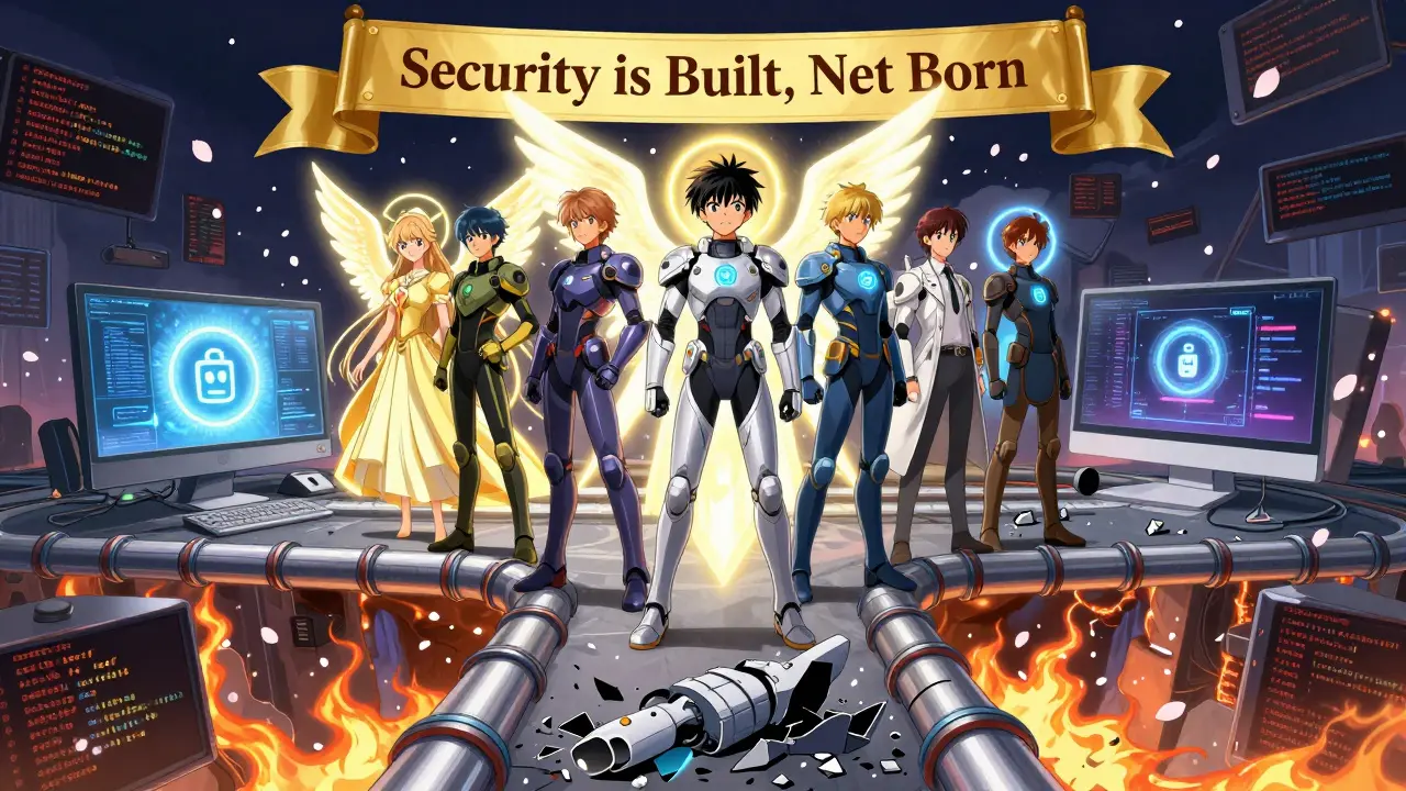 Utviklere krysser en bro av sikker kode, mens usikre verktøy faller i avgrunnen, i CLAMP-stil.