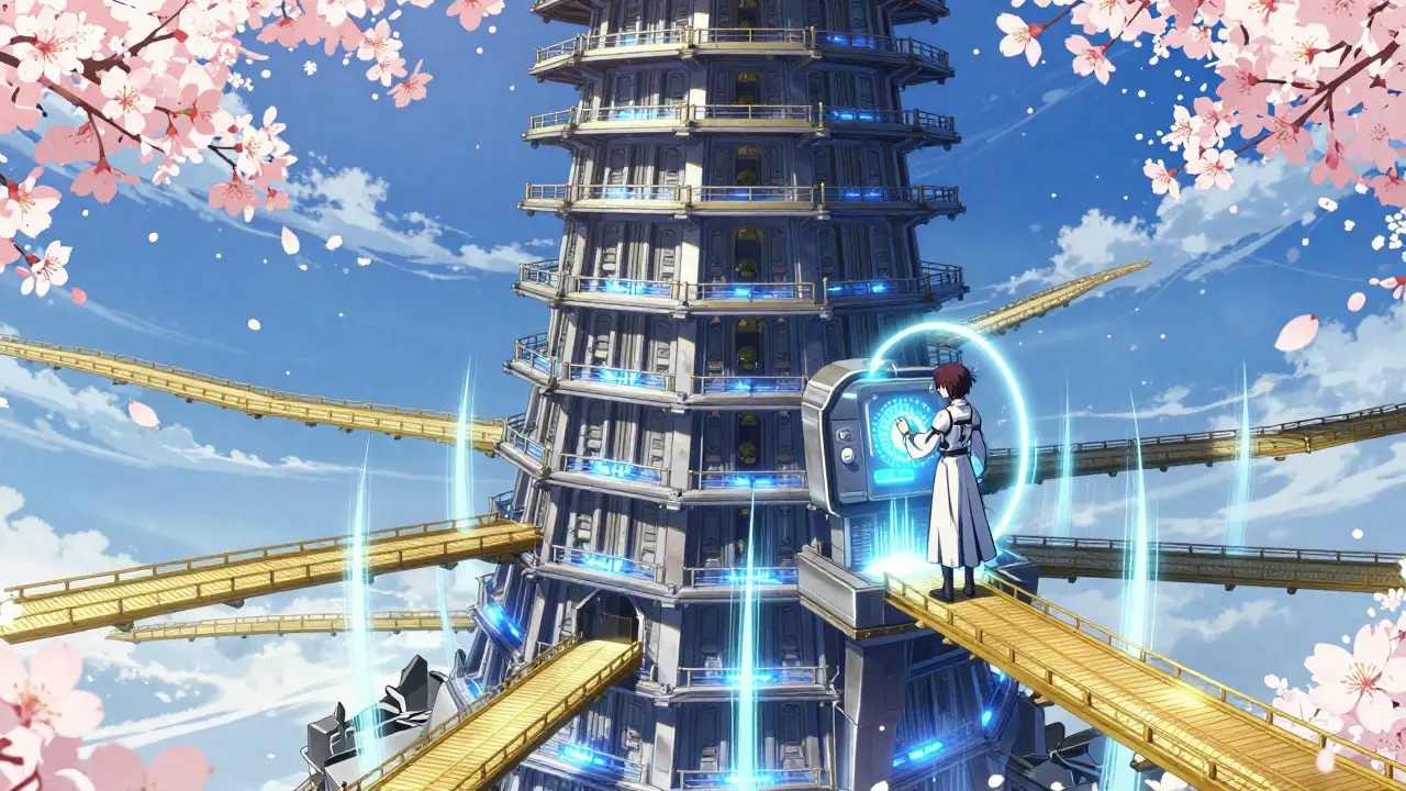 80-lags transformer-tårn med gylne broer og Pre-LN-barrierar i anime-stil.