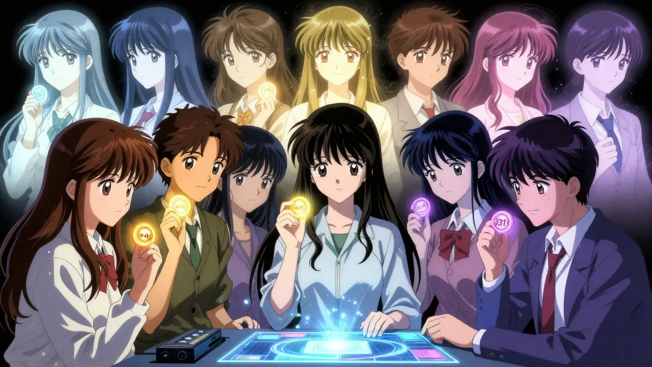 Designere holder opp lysende seed-tall mens portretter dukker opp i partikler.