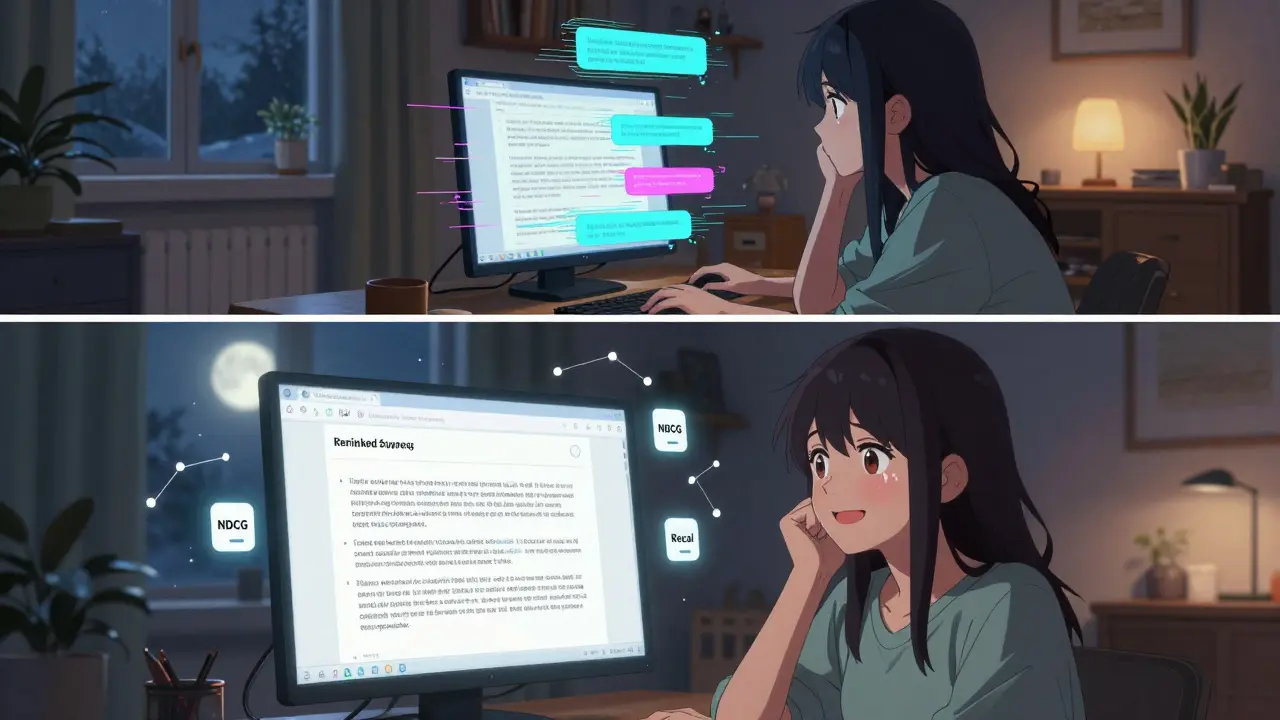 En bruker ser på en feilaktig AI-svar, mens en nøyaktig løsning vises i en parallell scene.