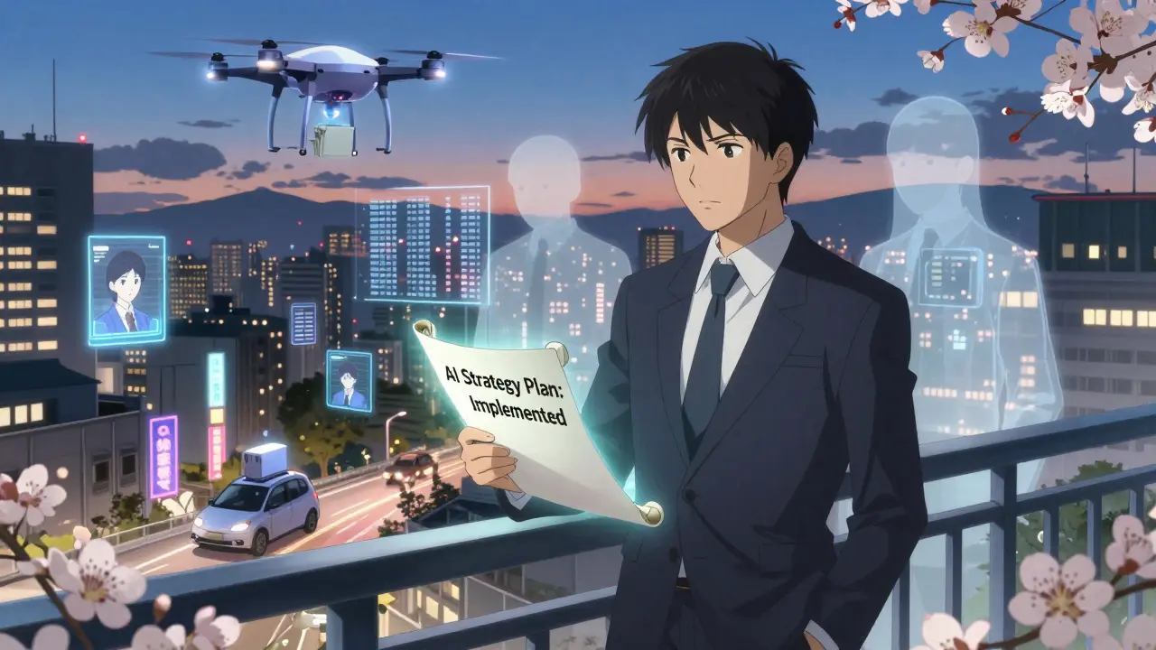 En CEO står på en balkong mens gamle arbeidsprosesser forsvinner i pixler.