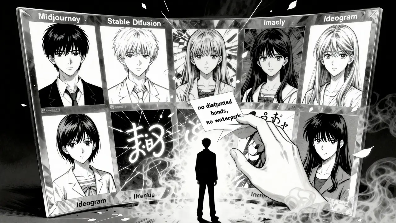 En figur står foran et speil som viser fem AI-plattformer med ulike stiler.