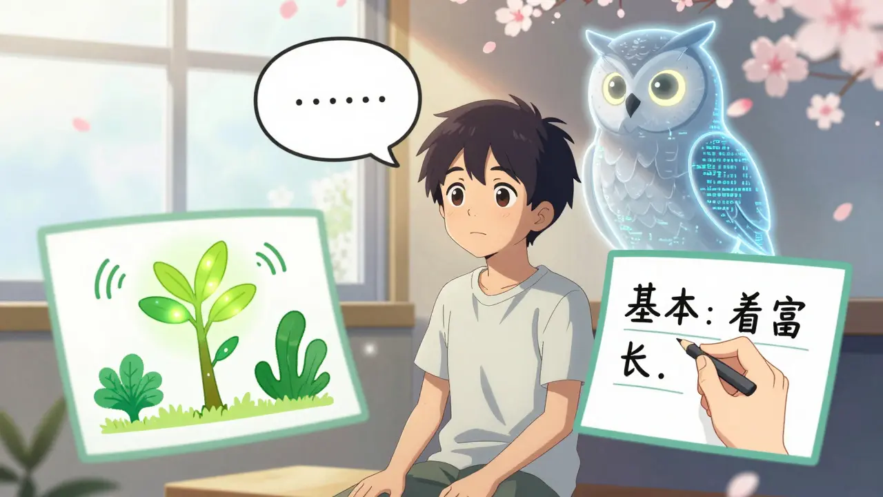 En gutt med dysleksi ser på illustrerte, animerte forklaringer av fotosyntese med lyd- og bildeelementer i CLAMP-stil.