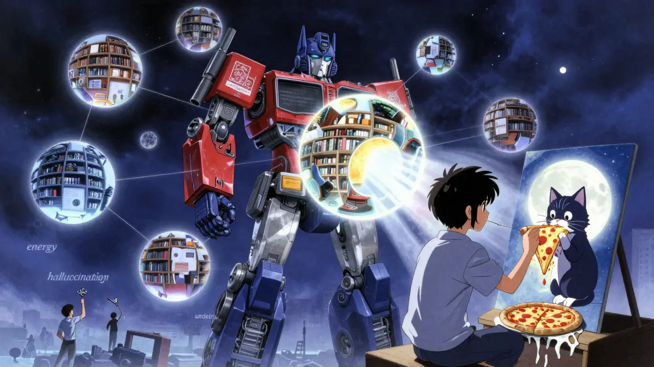 En himmelsk bibliotek av lyskuler skaper et bilde av en katt som spiser pizza på månen.