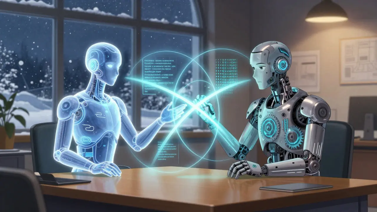 En hybrid AI-system i et norsk kontor, hvor en hologram og en mekanisk enhet verifiserer svar sammen.