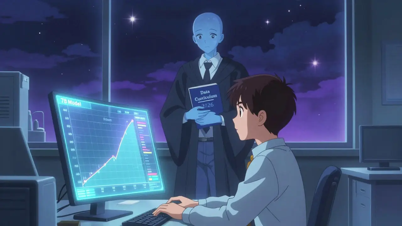 En ingeniør ser på en holografisk læringskurve mens en speilvendt AI-student står bak dem, i CLAMP-animestil.